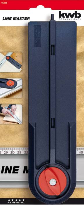 Pravítko 'Line Master' od KWB, tmavě modré s červeným otočným knoflíkem, zobrazené v obalu s příklady použití.