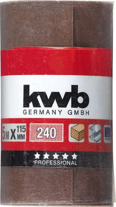 'Role brusného papíru od kwb Germany GmbH, 5 m x 115 mm, zrnitost 240, vhodná pro dřevo a kov, profesionální.'