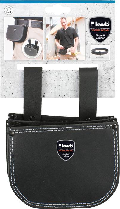 Taška na nářadí 'KWB Work Wear', černá taška s logem, dvě poutka na opasek. Obal zobrazuje použití a způsob nošení.