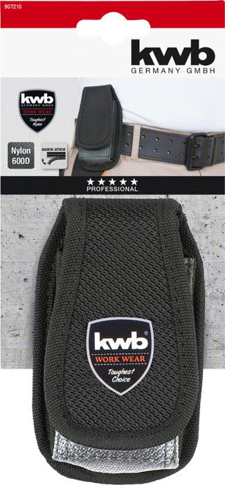 Nylonová brašna 600D, kwb PROFESSIONAL. Robustní pouzdro na nářadí v černošedém designu. Viditelné firemní logo a klip na opasek.