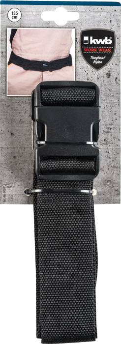 Černý nylonový pásek zobrazený na šedém obalu, označený jako 'kwb WORK WEAR'. Horní obrázek ukazuje pásek připnutý kolem pasu.