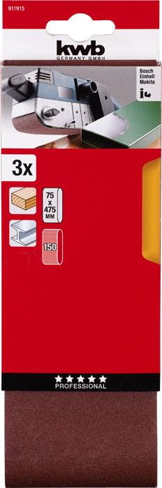 Brusný papír 'KWB Professional', 3 kusy, 75 x 475 mm, zrnitost 150, vhodný pro dřevěné povrchy. Balení v červené a bílé barvě.