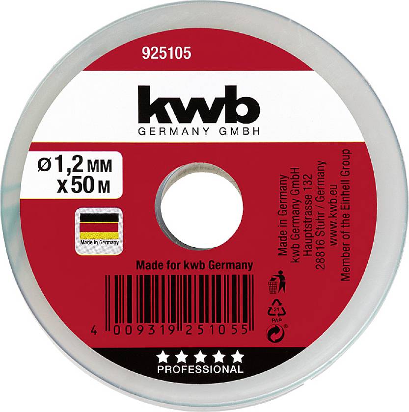 Červená cívka s nápisem 'kwb GERMANY GMBH', 'Ø1,2 MM x 50M'. Adresa a čárový kód viditelné. Vyrobeno v Německu.