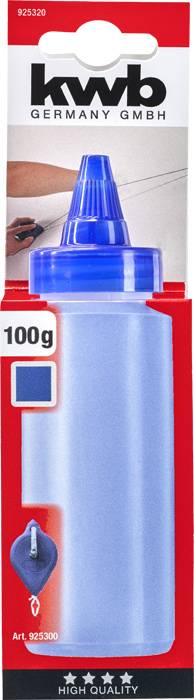 Modrá křídová láhev 'kwb GERMANY GMBH' o hmotnosti 100g v červeno-bílém obalu.