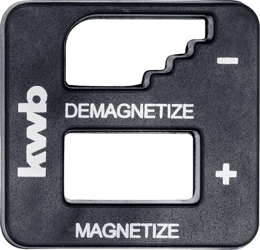 Černé odmagnetizační zařízení s nápisem 'kwb', 'DEMAGNETIZE' nahoře a 'MAGNETIZE' dole, plus a minus znaménka vpravo.
