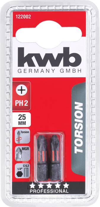 Balení od kwb Germany GmbH se dvěma torzními bity PH2, délka 25 mm. Používá se pro šroubováky, vhodné pro 1/4palcový upínací otvor.