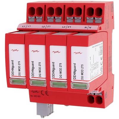 Červená přepěťová ochrana se čtyřmi moduly, označená štítkem 'DEHNgard DG MOD 275', určená k ochraně elektrických zařízení.
