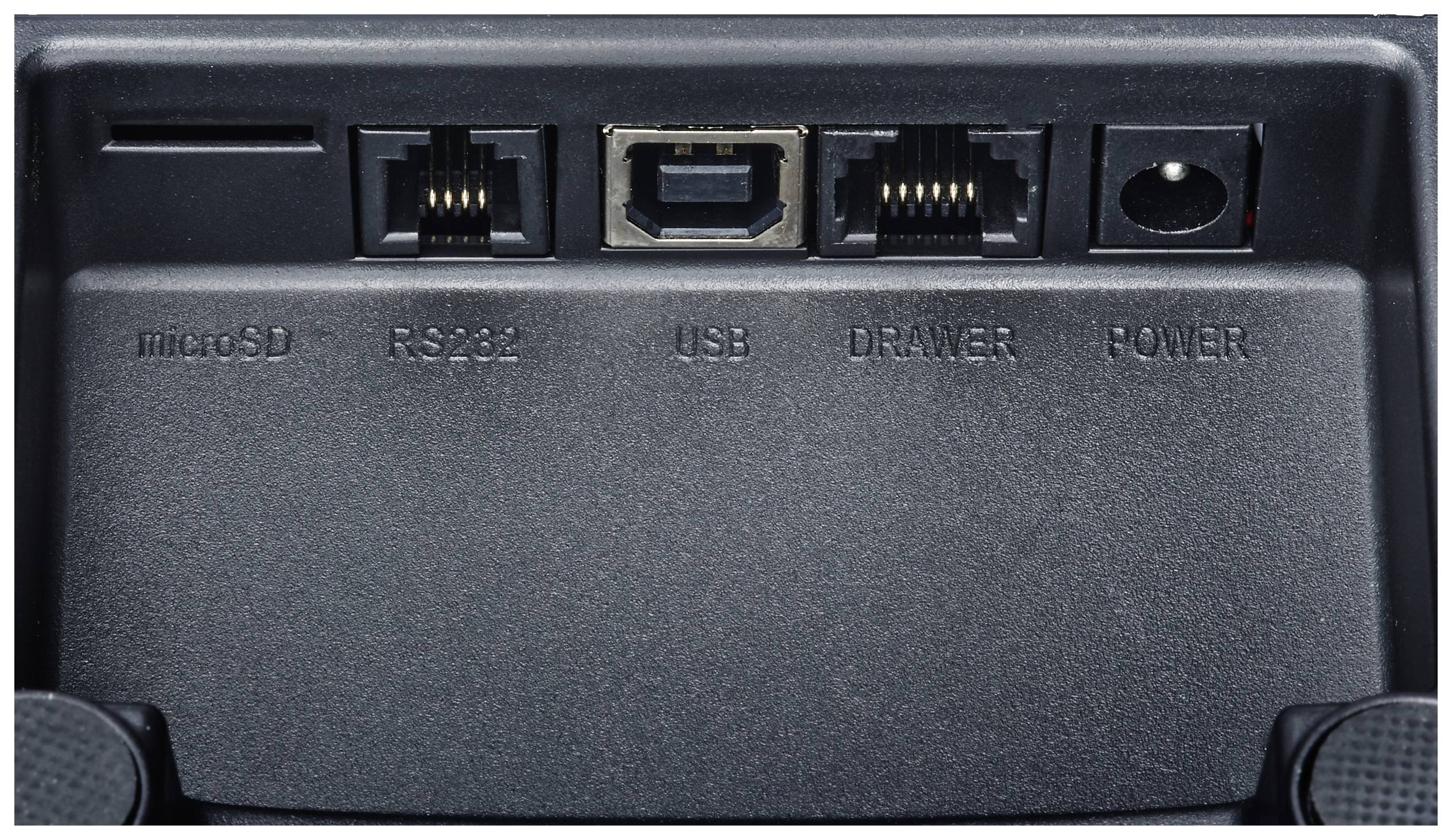 Pohled zezadu na zařízení s konektory: microSD, RS232, USB, pokladní zásuvka a napájecí konektor.