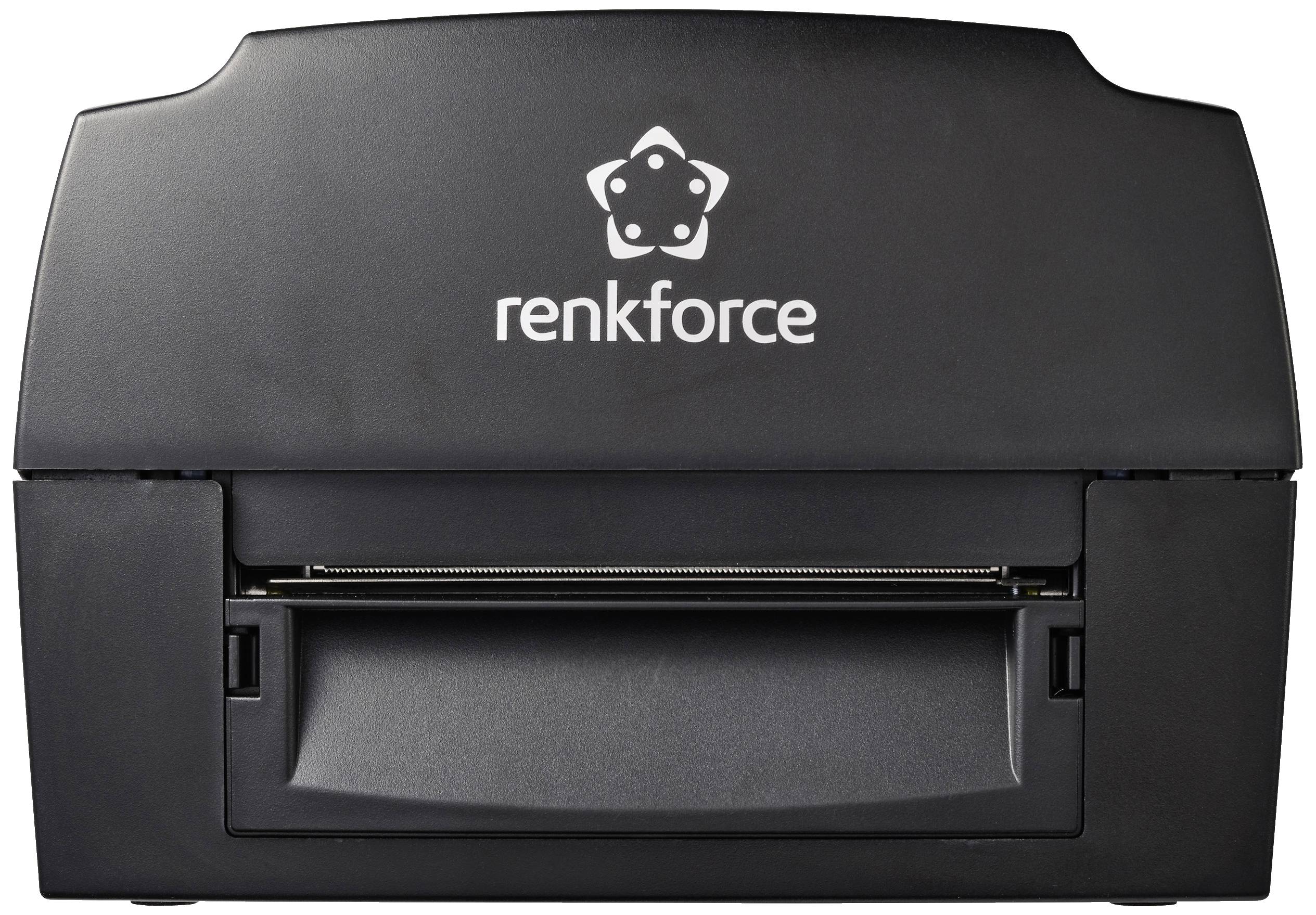 Černá tiskárna štítků značky 'renkforce' s elegantním designem. Pohled zepředu ukazuje vstup papíru a logo značky.