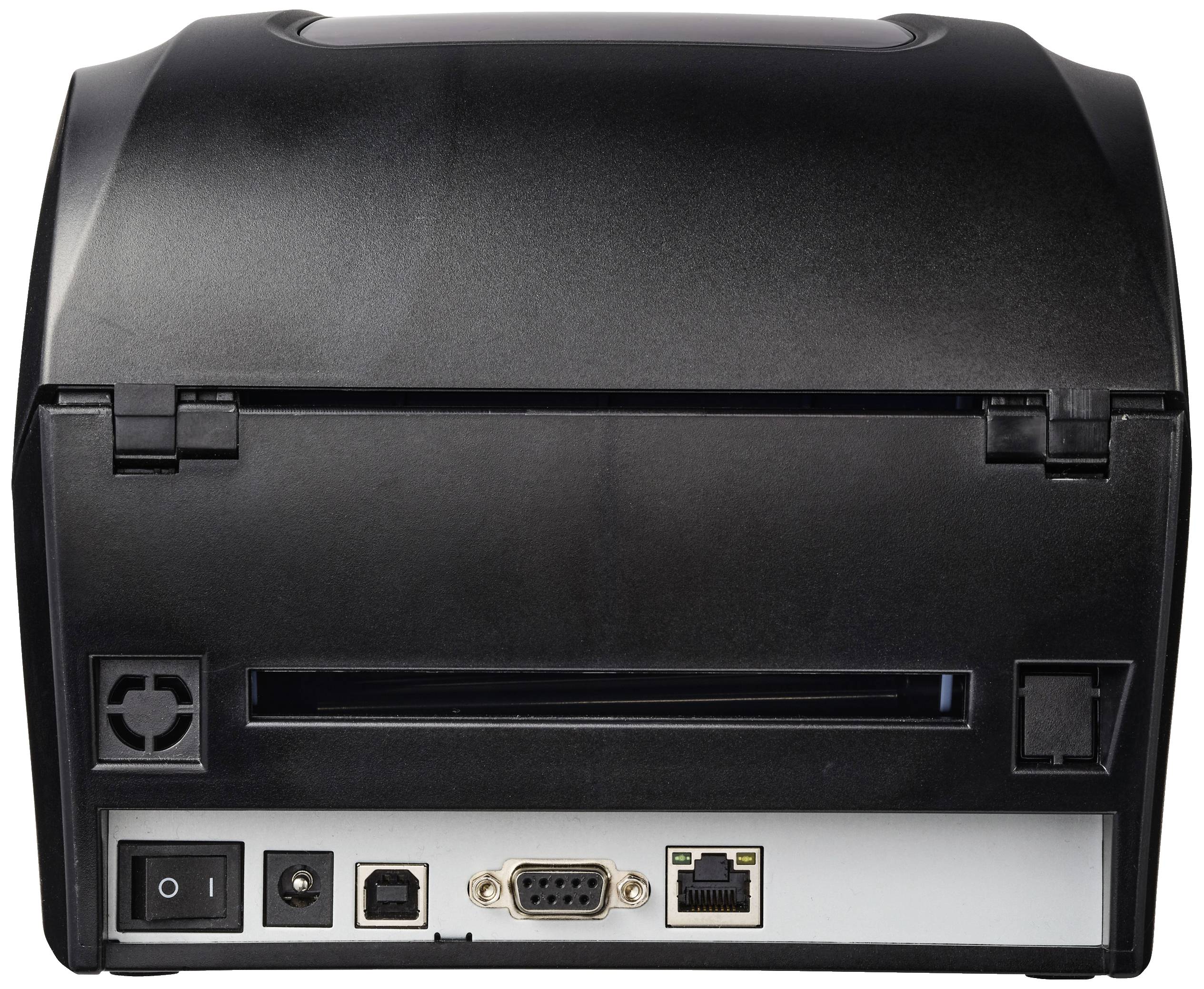 Tiskárna zezadu s připojovacími porty: vypínač, USB port, sériový port a ethernetový port.
