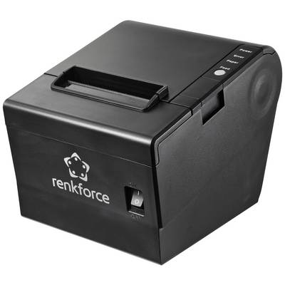 Černá termotiskárna s logem 'renkforce' na přední straně. Tlačítka pro 'Posun' a 'Napájení' se nacházejí nahoře vpravo.