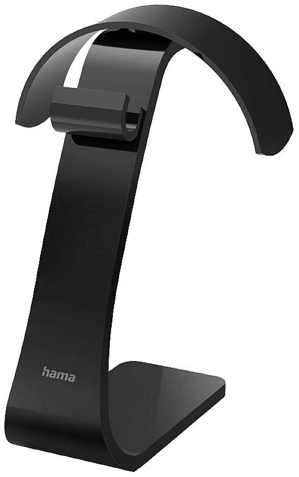 Černený plastový stojan na sluchátka s oblým tvarem, širokou základnou a zakřiveným držákem. Viditelná značka 'hama'.
