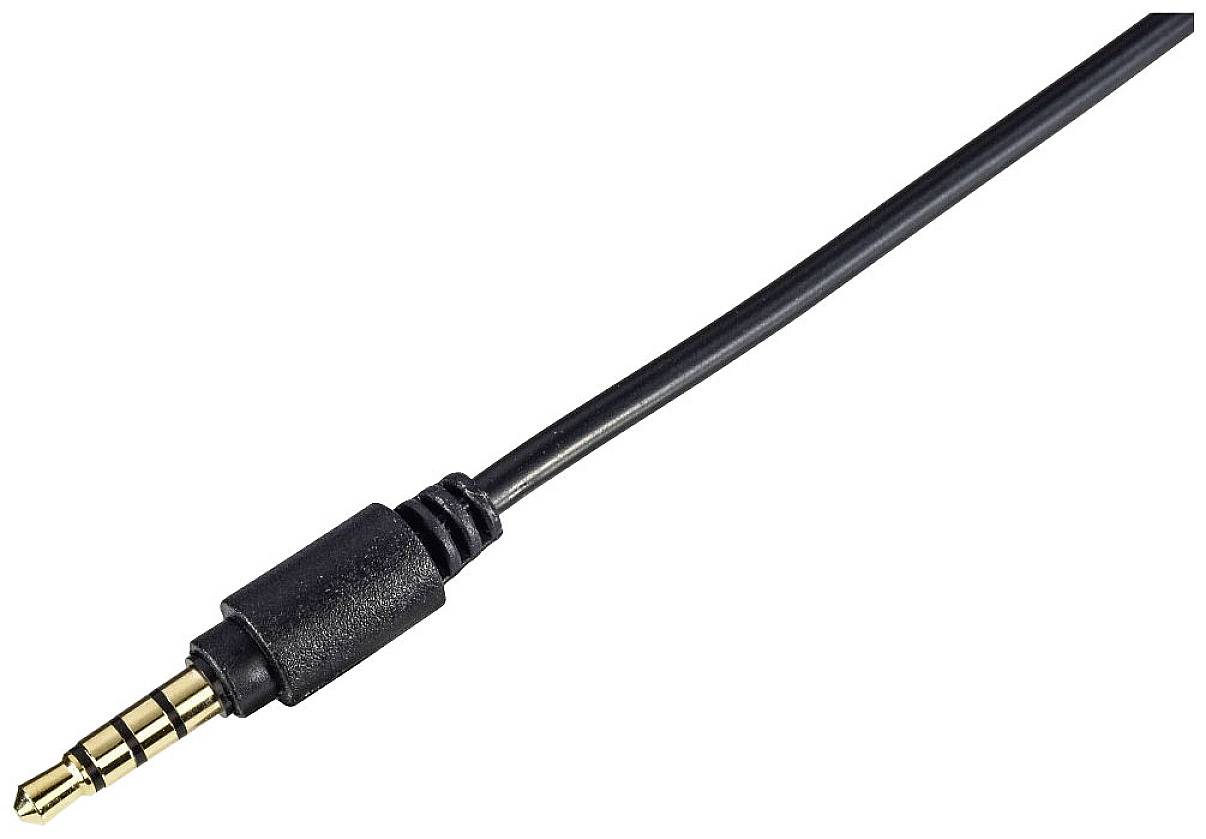 Černý audio kabel s 3,5mm jack konektorem, používaný pro audio připojení mezi zařízeními jako jsou sluchátka a počítače.