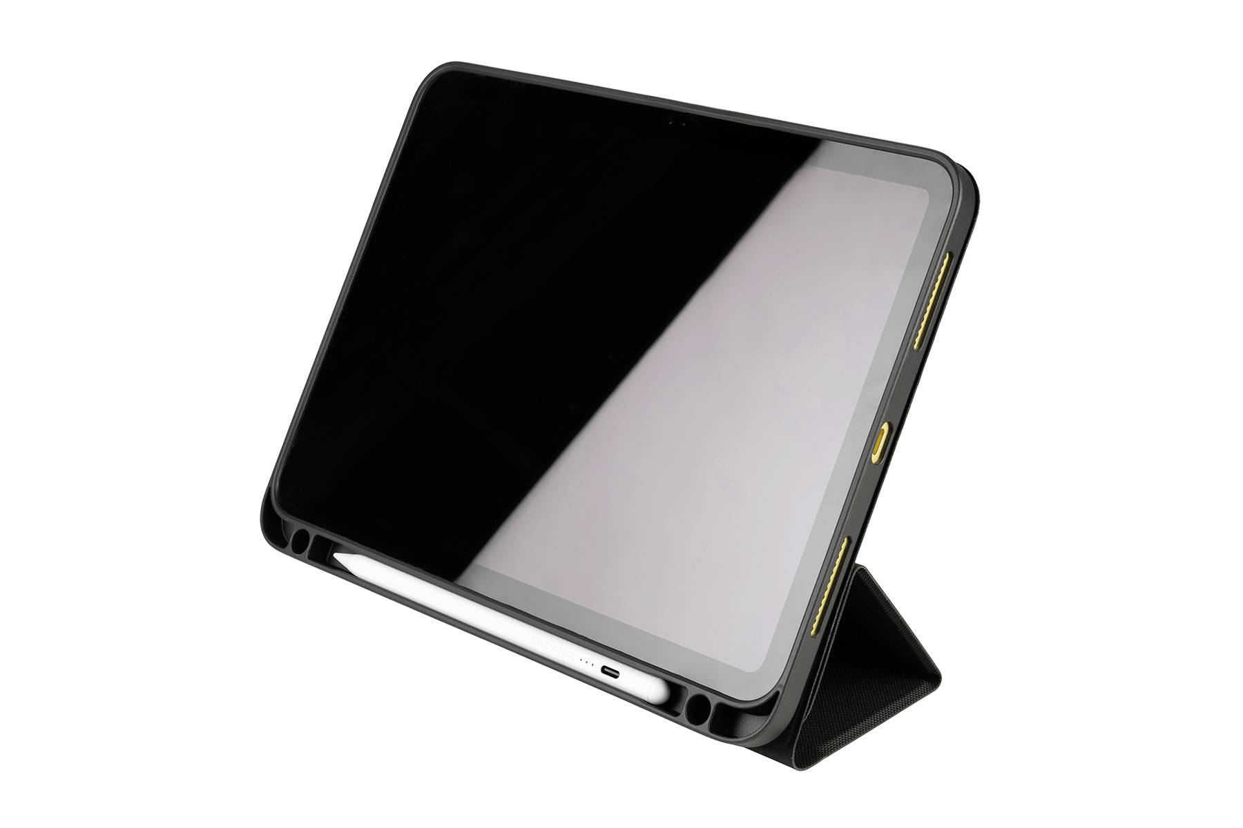 Tablet v černém obalu je mírně nakloněno na stojánku. Pod ním se nachází digitální odkládací místo pro pero.