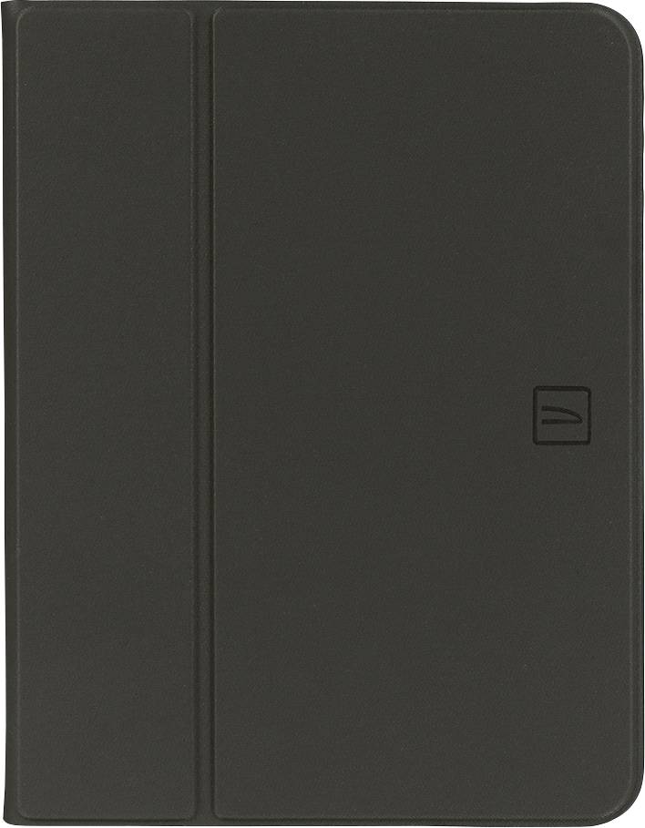 Černý obal na tablet nebo knihu, s jednoduchým designem a lehce viditelným symbolem na přední straně.
