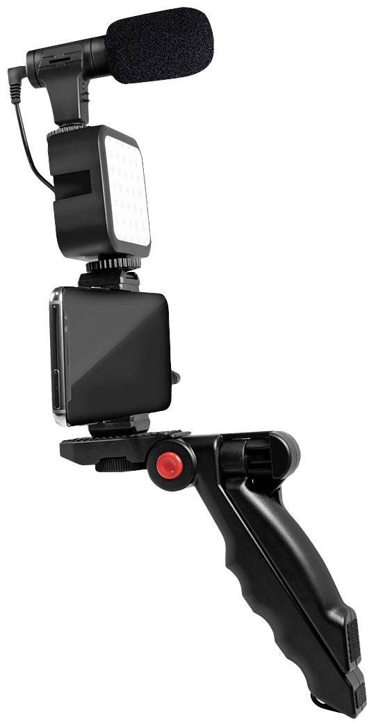 Držák na smartphone s mikrofonem, LED světlem a rukojetí, ideální pro mobilní videonahrávání nebo vlogování.