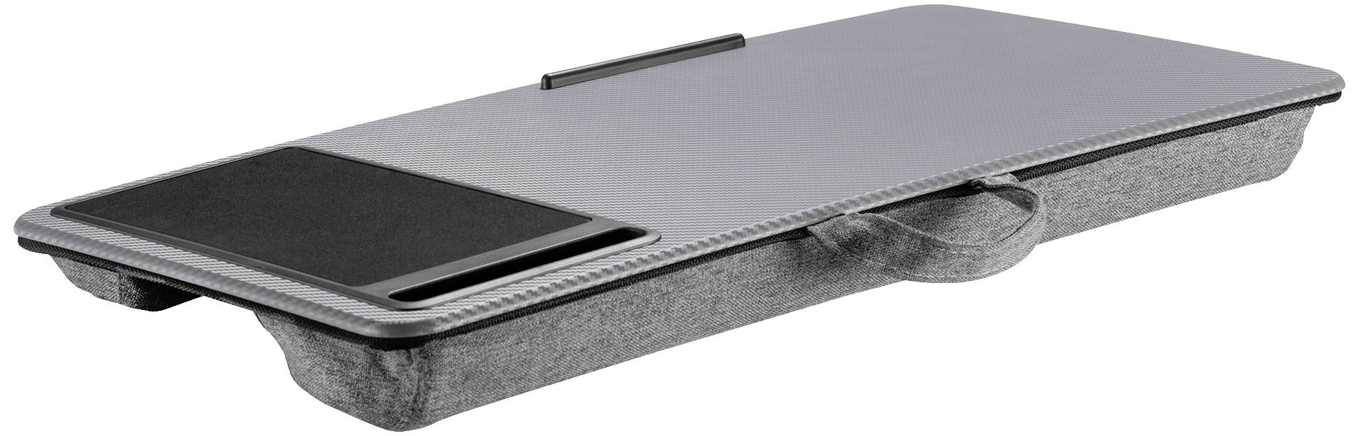 Šedý notebook polštář s integrovanou podložkou pod myš a rukojetí. Slouží jako pohodlná podložka pro laptopy.