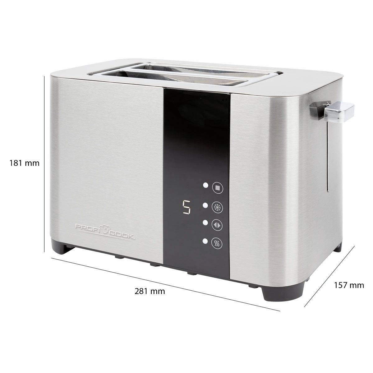 Moderní toaster z nerezové oceli s digitálním displejem a ovládacími prvky na přední straně. Rozměry: 181 mm vysoký, 281 mm široký, 157 mm hluboký.