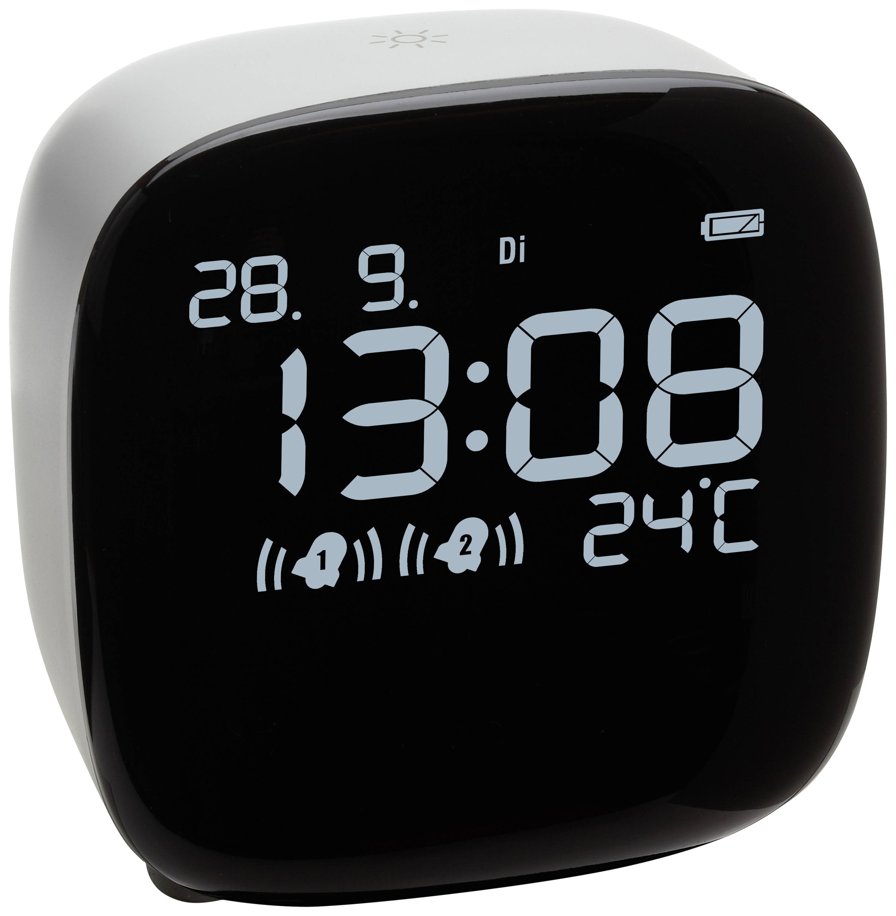 Digitální budík s velkým displejem zobrazuje datum '28. 9. Út', čas '13:08' a teplotu '24 °C'; indikátor stavu baterie je viditelný.