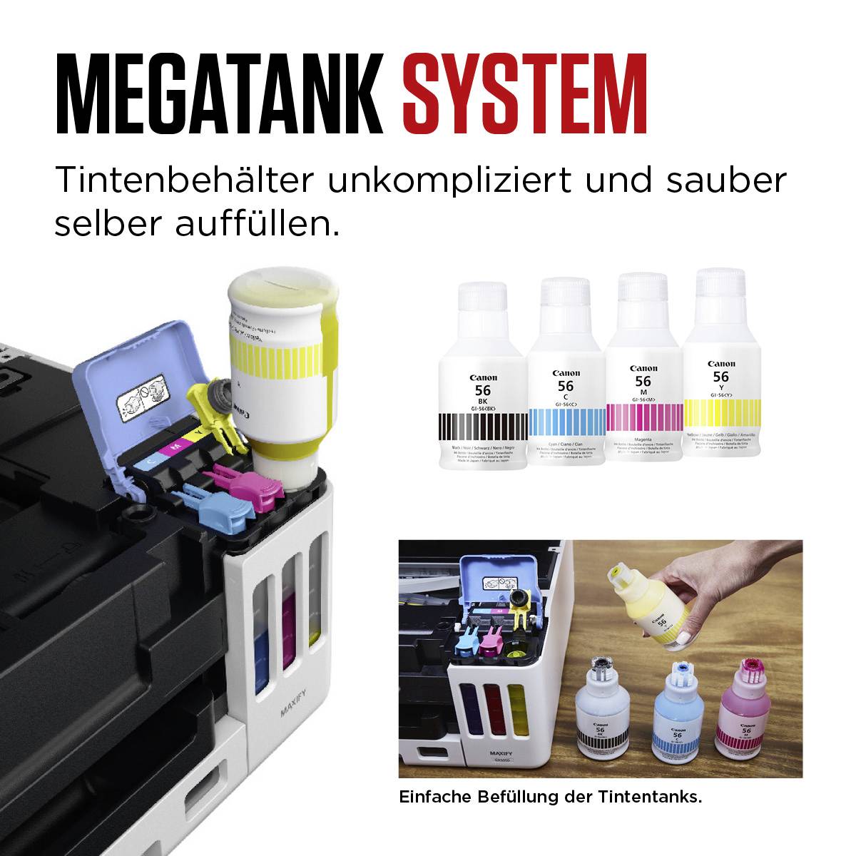 'Systém Megatank': Inkoustové nádobky lze snadno a čistě doplňovat manuálně. Na obrázku jsou láhve v různých barvách.