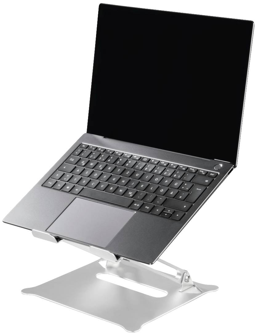 Notebook leží na nastavitelném stříbrném stojanu, který umožňuje zvýšení polohy obrazovky.