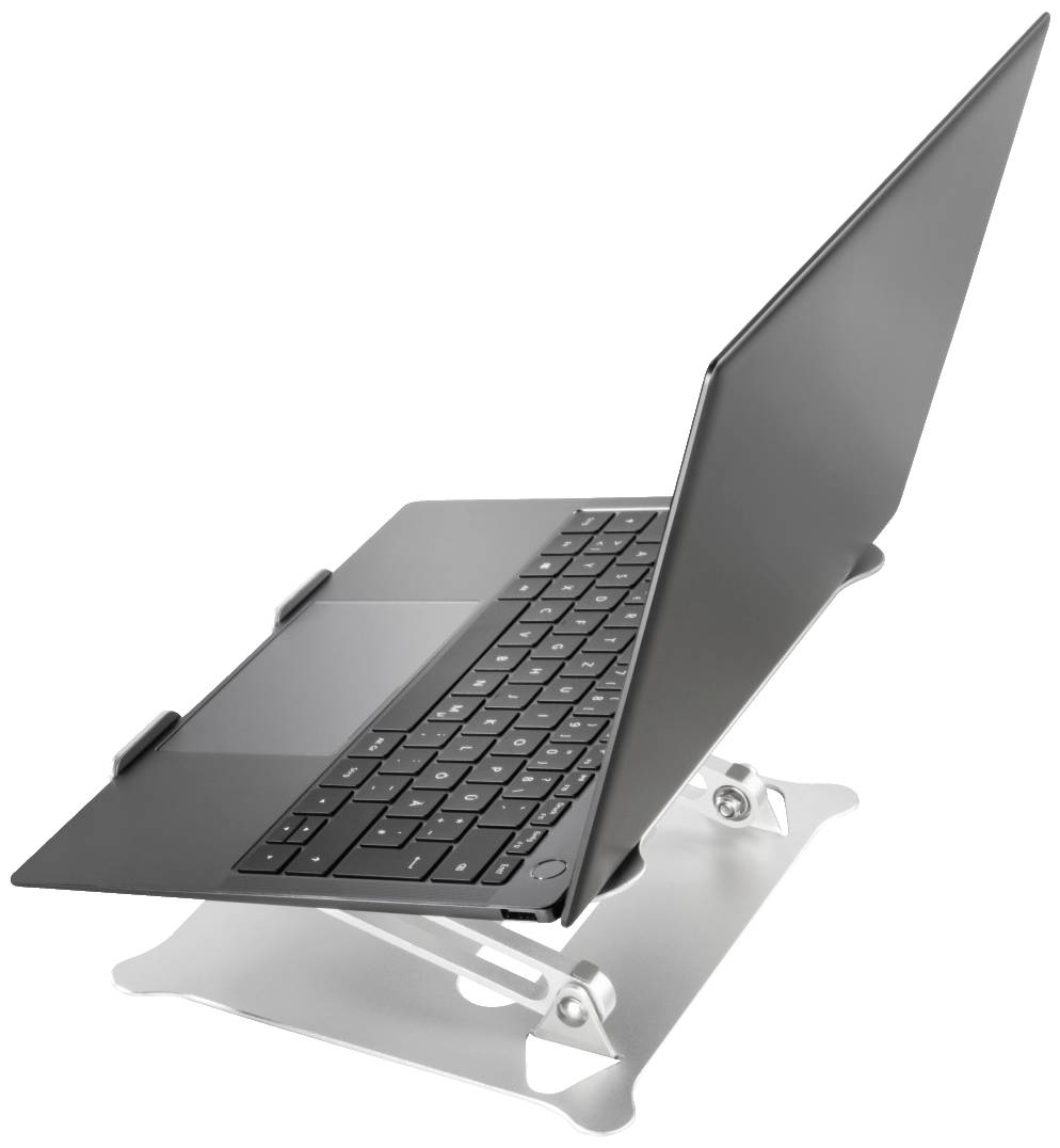 Černý notebook stojí na stříbrném nastavitelném stojanu pro notebook.