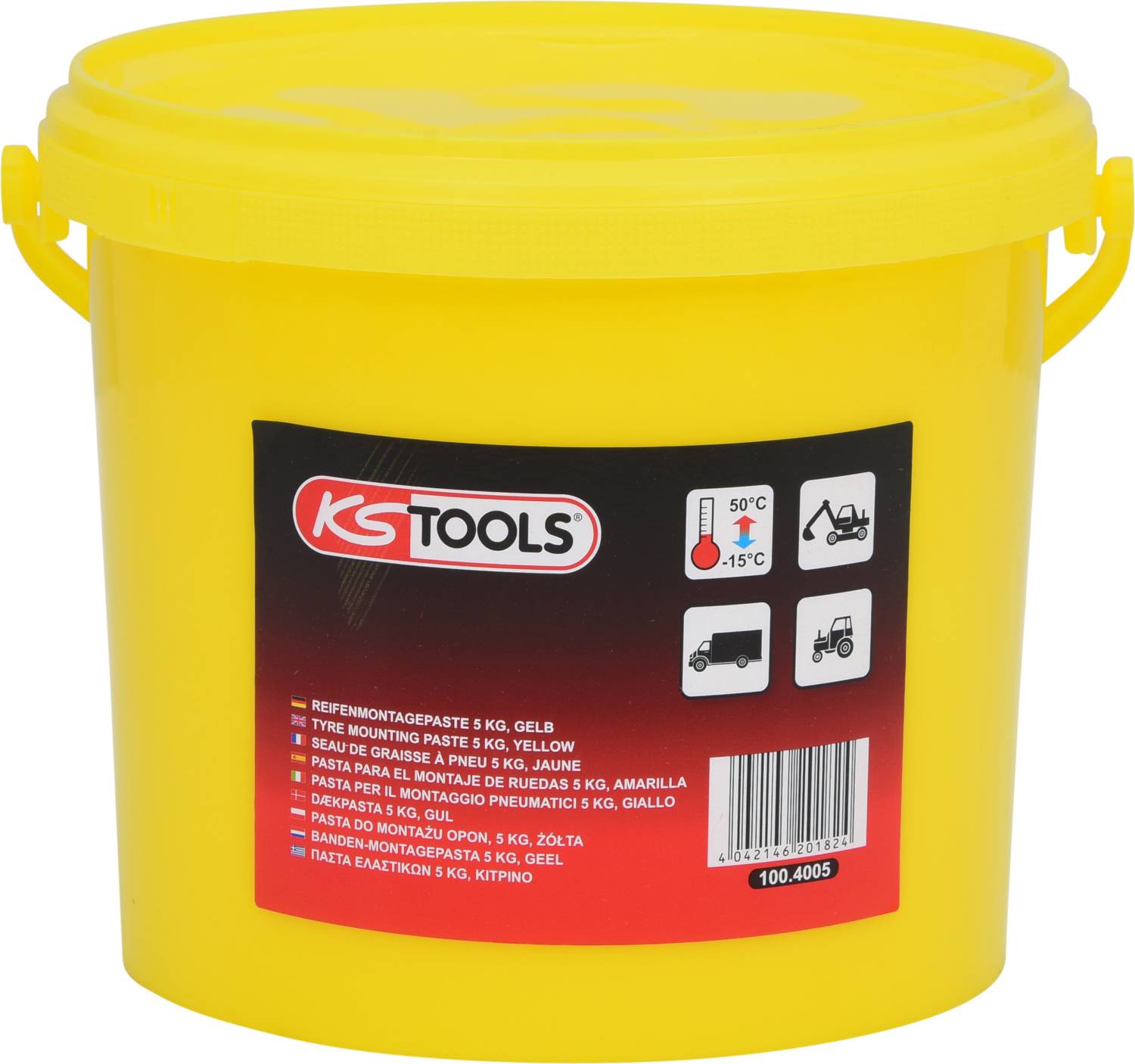 Žlutý kbelík s červeným logem 'KS Tools', obsahující montážní pastu na pneumatiky. Piktogramy znázorňují teplotní rozsah a účely použití.