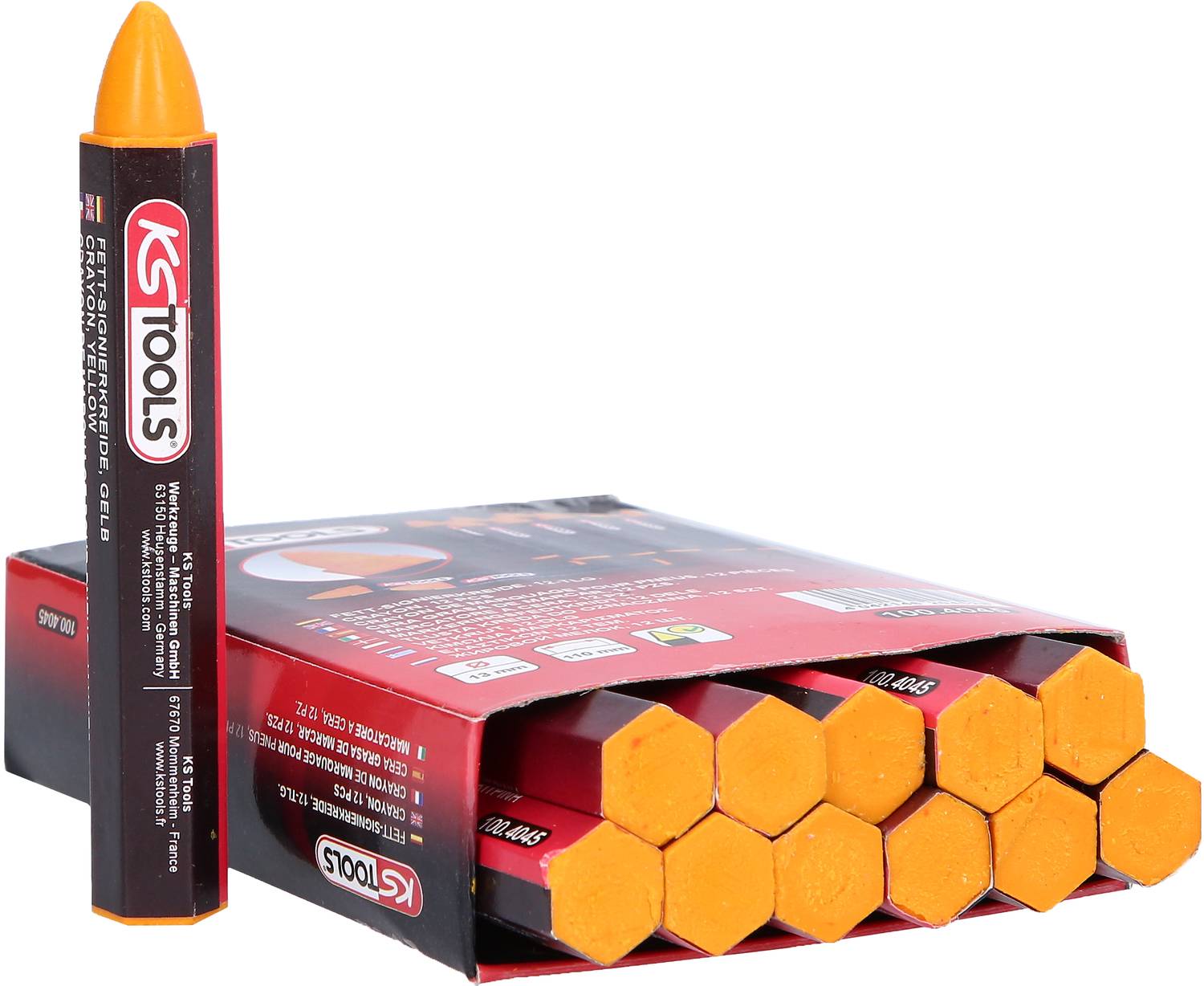 Balení náhradních grafitových per od KS Tools, oranžové barvy, 12 kusů. Jedna náhradní tužková tuha stojí vzpřímeně před otevřeným obalem.
