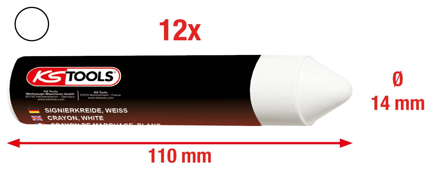 Signační křída KS TOOLS, bílá, o délce 110 mm a průměru 14 mm. Balení obsahuje 12 kusů.
