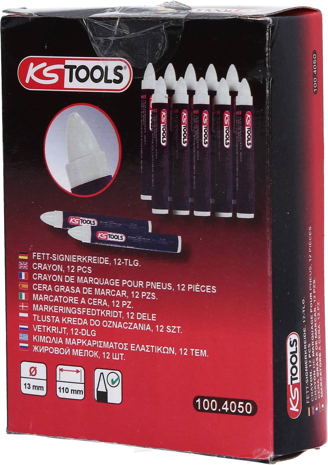 Balení KS Tools tukové signalizační křídy, 12 kusů. Obsahuje bílé značkovací křídové tyče, ideální pro značení pneumatik.