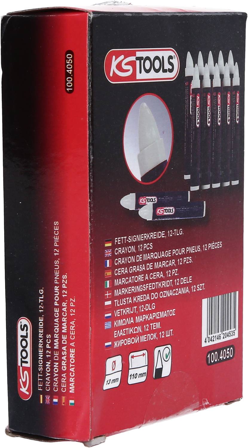 Sada tukových fixů KS Tools, 12 kusů. Obsahuje fixy v různých barvách pro značení na pneumatikách. Balení s vyobrazením produktu.