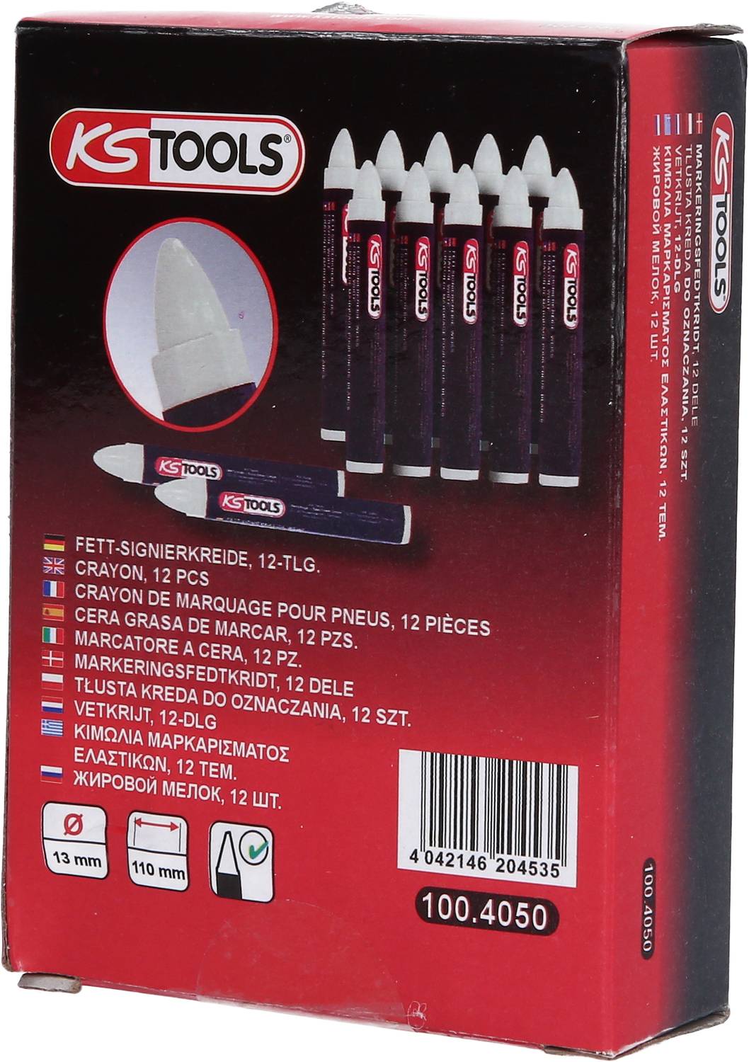 Balení bílých tukových značkovacích kříd, 12 kusů, KS TOOLS. Průměr 13 mm, délka 110 mm, katalogové číslo 100.4050.