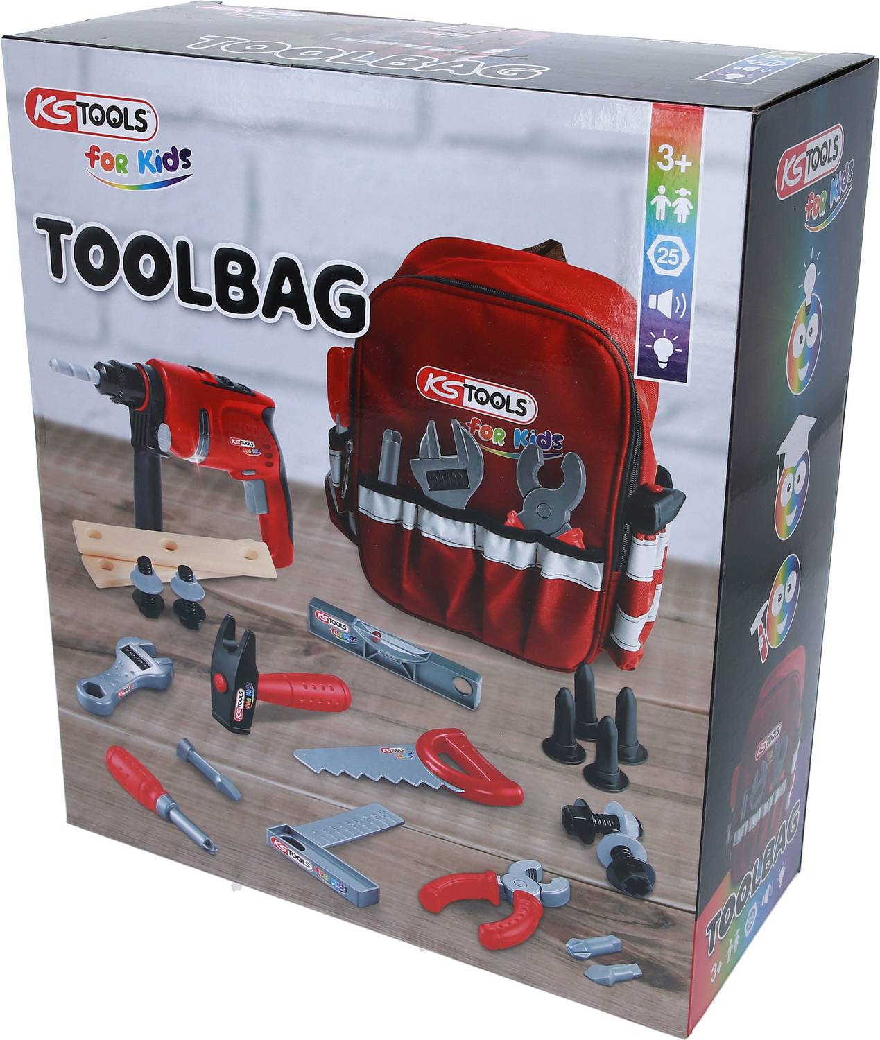 Sada hraček s nářadím v červeném batohu pro děti od 3 let. Obsahuje vrtačku, pilu, klíč a další nástroje.