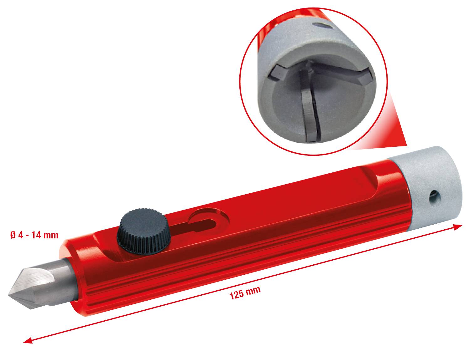 Červený odjehlováč s otočným nožem, vhodný pro průměry 4 až 14 mm, délka 125 mm. Detailní pohled na řezací hlavu.