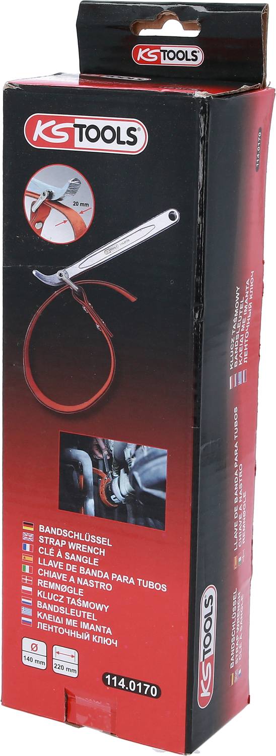 Obal na klíč značky KS Tools s obrázkem nástroje. Vhodný pro uvolňování kulatých předmětů, jako jsou olejové filtry nebo trubky.