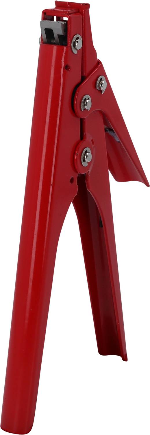 Červené etiketovací kleště s ergonomickou rukojetí pro upevňování štítků na produkty.