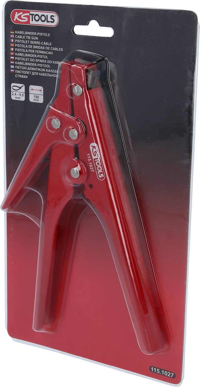 Červená pistole na stahovací pásky KS Tools v plastovém obalu, vhodná pro jednostranné stahovací pásky o šířce 2,4-4,8 mm.