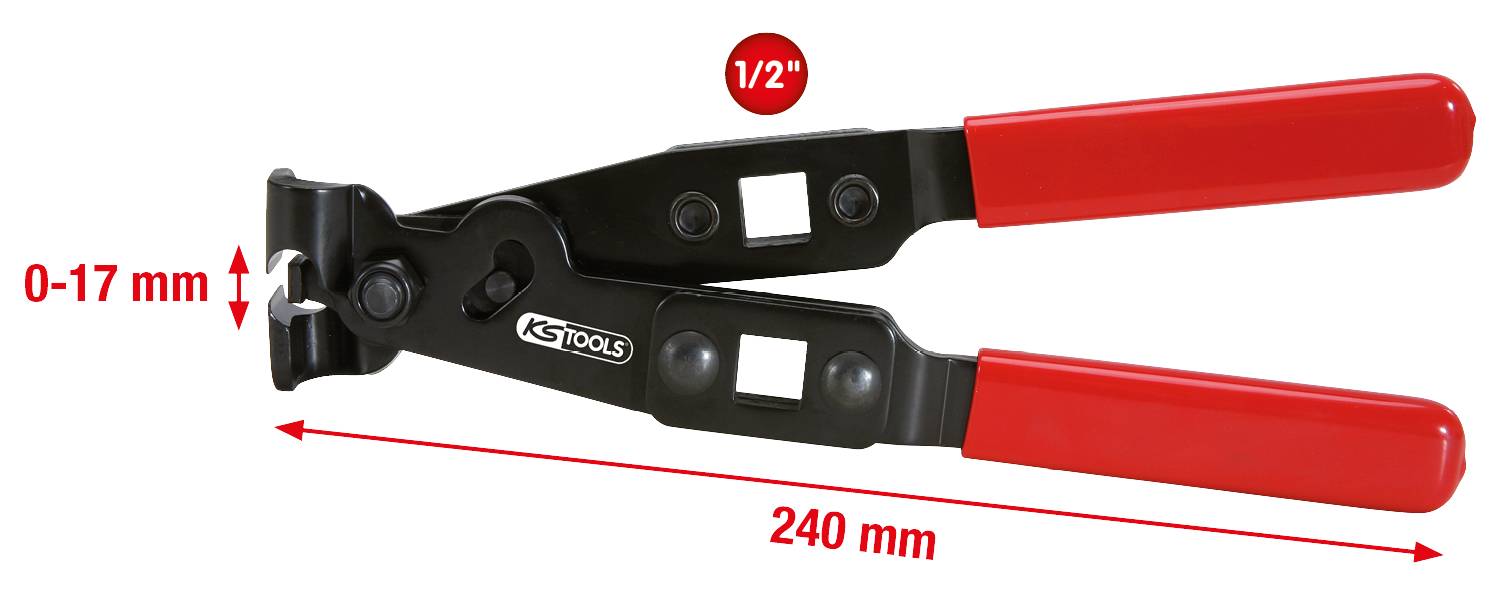 Červené a černé přesuvné kleště se stupnicí 0-17 mm a délkou 240 mm. Nahoře je červeně vyznačeno '1/2"'.