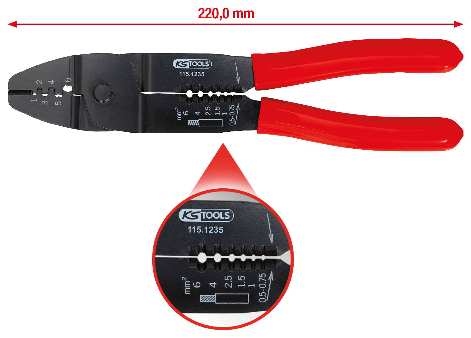 Kombinační kleště s červenými rukojeťmi, délka 220 mm, s vyznačeným rozsahem řezání '0,5-4 mm²' a lisovacími profily '1,5-2,5 mm²'.