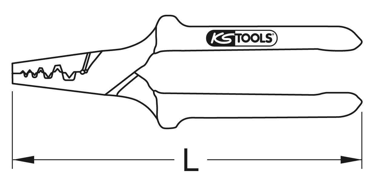 Ilustrace odizolovací kleště značky 'KS Tools' se zoubkovanými čelistmi. Vlevo je vyznačeno měřítko délky.