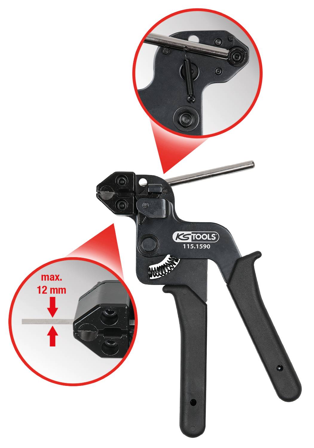 Kleště s pákou a dvěma detailními pohledy: horní pohled ukazuje mechanismus, spodní pohled zobrazuje maximální otevření 12 mm.