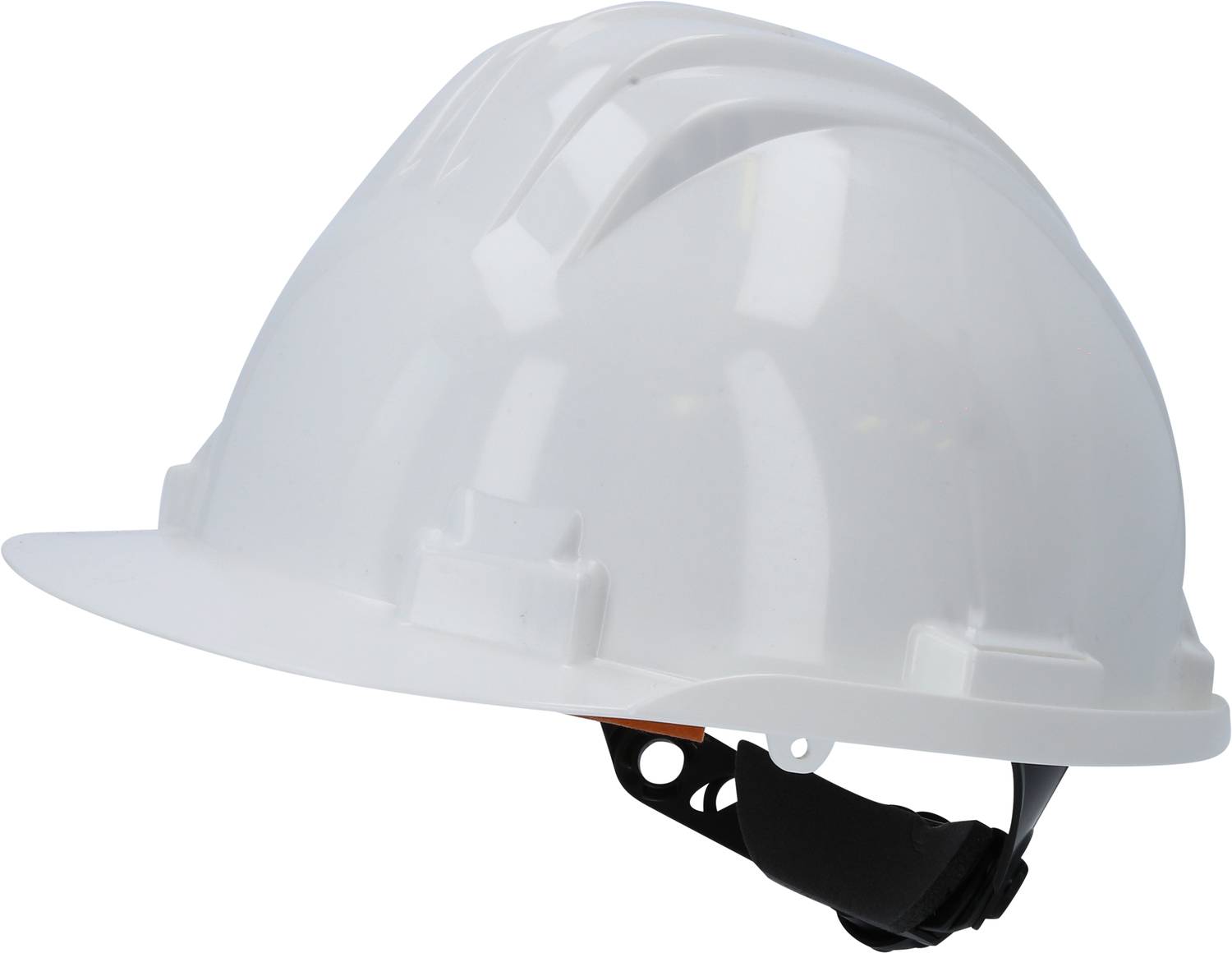 Bílá ochranná přilba zobrazená z boku symbolizuje ochranu a bezpečnost na pracovišti, především na stavebních místech.