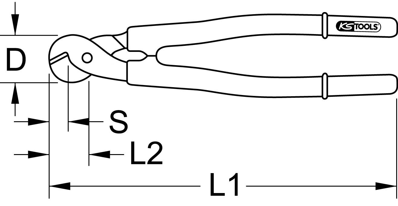 Schematické znázornění kleští s rozměry. Popisy: 'D', 'S', 'L2', 'L1'. Zobrazuje délku a šířku kleští.