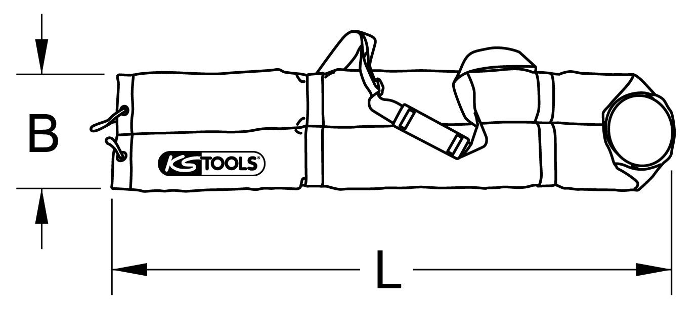 Pracovní taška s popruhy, podlouhlého tvaru, rozměry šířky a délky uvedeny, viditelná značka 'KS Tools'.