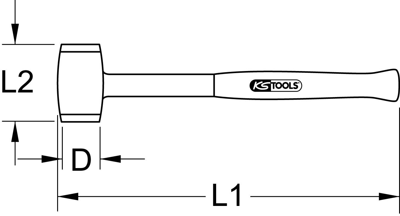 Diagram kladiva od KS Tools s popisky rozměrů: celková šířka (L2), šířka rukojeti (L1) a šířka hlavy (D).