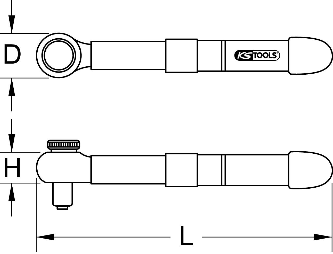 Technický výkres momentového klíče s pákou. Vyznačené rozměry 'D', 'H', 'L'. Nástroj od KS Tools.