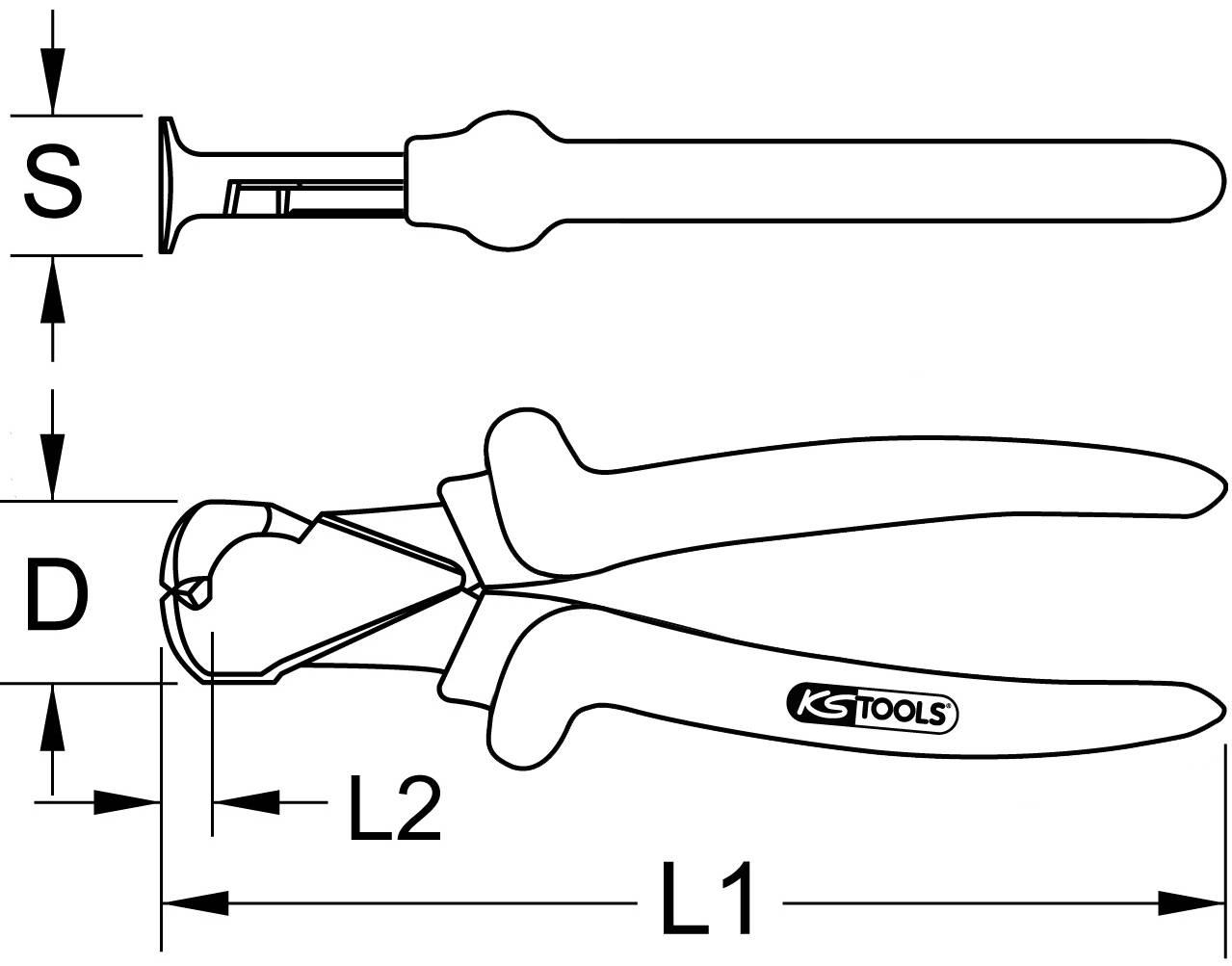 Technický výkres ručního nástroje s rozměry: S, D, L1, L2. Zobrazeny boční a horní pohled nástroje.