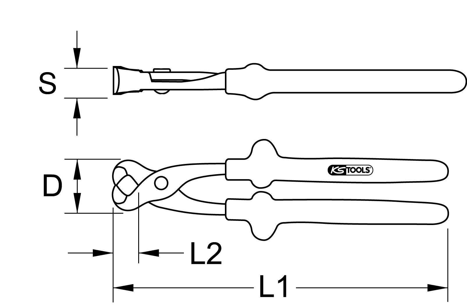 Technický výkres štípacích kleští od KS Tools. Vyznačeny jsou rozměry: délka rukojeti (L1, L2), šířka hlavy (S) a průměr hlavy (D).