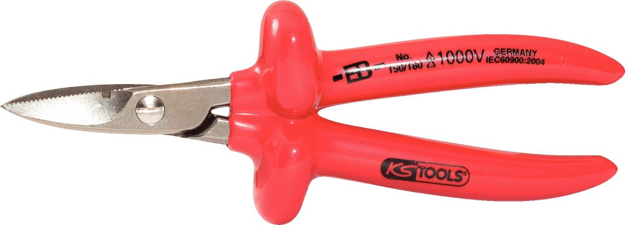 Izolované štípací kleště s kovovými čelistmi, vhodné pro elektrotechnické práce. Logo KSTOOLS a technický popis viditelný na rukojeti.