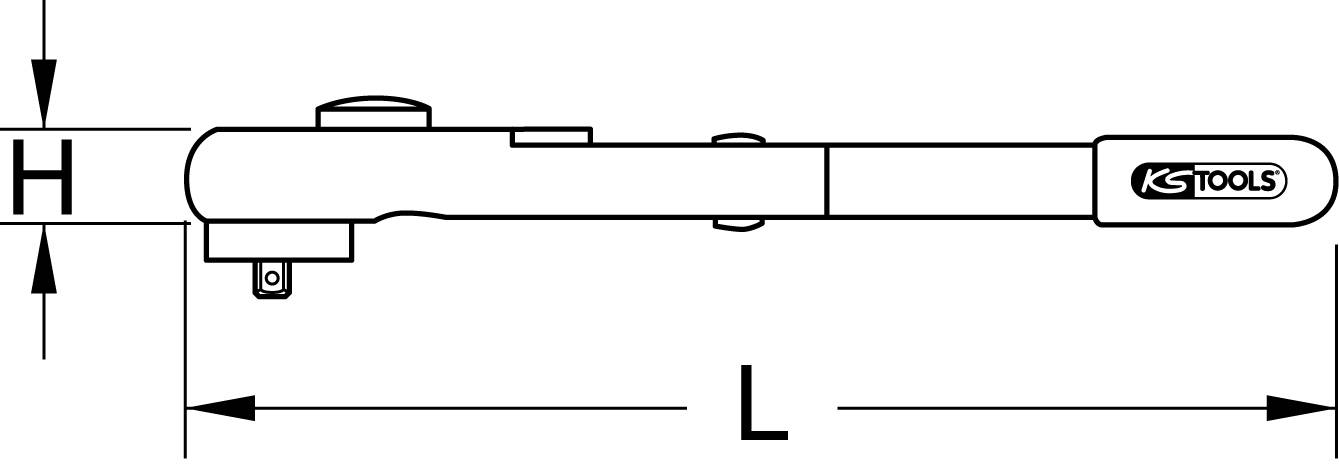Obrázek nástroje s logem 'KS Tools'. Znázorňuje výšku (H) a délku (L) nástroje, podobně jako v technickém diagramu.